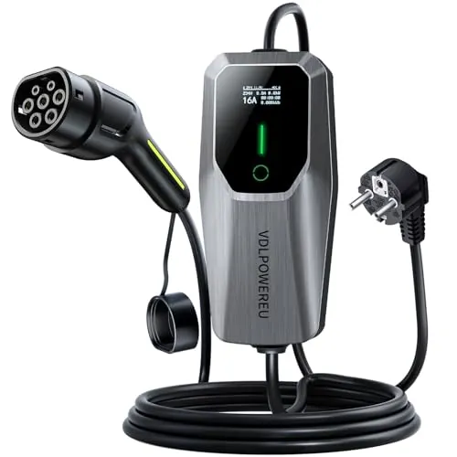 VDLPOWEREU Cargador Coche Electrico, Cargador de Vehículo Eléctrico de 3,68 Kw / 6-16A Tipo 2 con Enchufe Schuko, 5m Cable de Carga de Vehículo Eléctrico con Pantalla Digita, IEC 62196-2, IP65