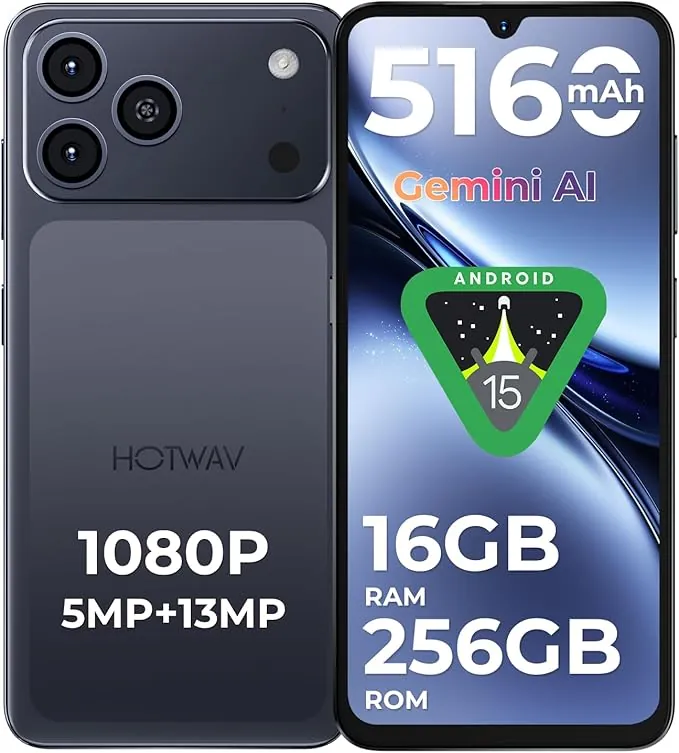 HOTWAV A17 Pro MAX Telefono Movil (2026) 16GB + 256GB 1TB Telefonos Moviles Libres, Batería 5160mAh, 6.75" HD+ Pantalla Android 15 Smartphone, Cámara 13MP+5MP, 4G Dual SIM/WiFi 6/Face ID/GPS