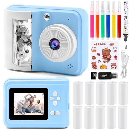 Cámara Digital instantánea, con Papel de impresión y Tarjeta TF 32G, cámara de vídeo con Plumas de Colores para Bricolaje, Sombreros Disfraz Accesorio