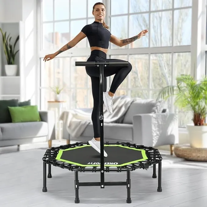 ONETWOFIT Trampolín Plegable para Adultos 101/107/114cm, Mini trampolín de Fitness, con Mango de Espuma Ajustable, elásticos, Ejercicio silencioso para Interior Personal