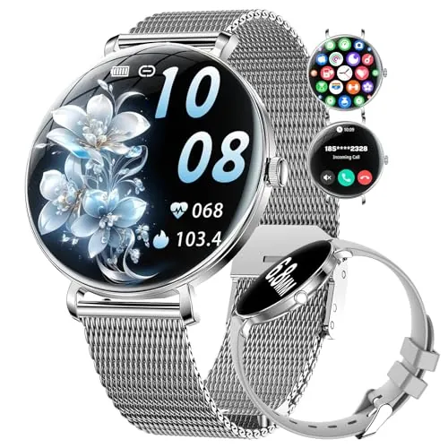 Reloj Inteligente Mujer, 1.43" AMOLED Smartwatch Ultra Delgado con Llamadas, 24/7 Pulsómetro SpO2, Monitor Sueño, IP68 Impermeable, 2 Correas, Pulsera Actividad 100+ Modos Deportivos para Android iOS