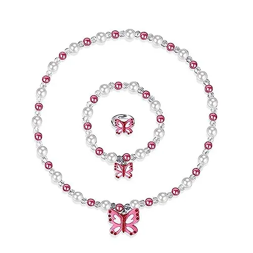 IOSPKKIO® collar elástico de mariposa, conjunto de pulsera de collar de niña pequeña, bolsa rosa incluida, joyería de princesa pequeña collares para niños
