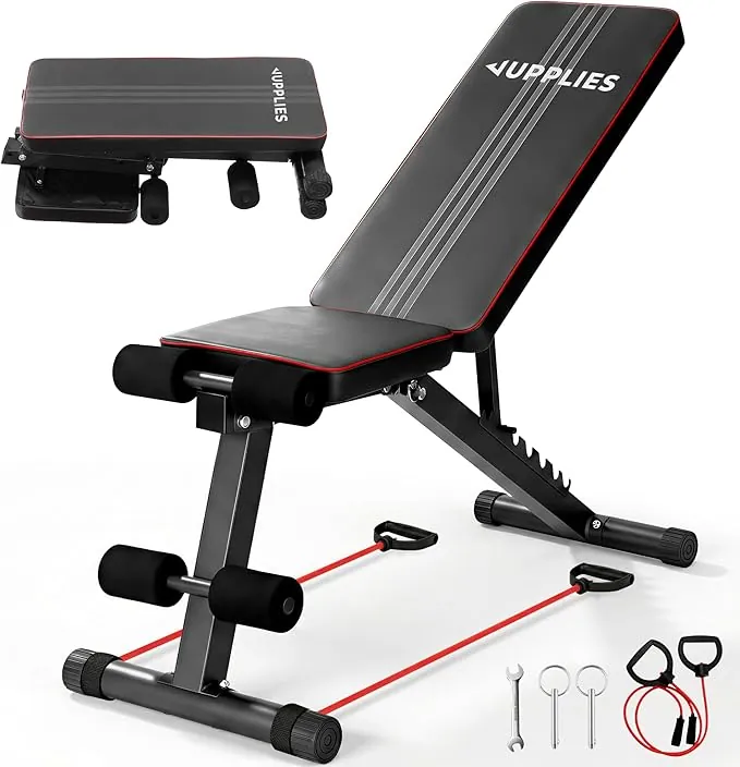 JUPPLIES Banco de Musculación Plegable Multifunción para Gimnasio en Casa – Banco de Pesas Ajustable 7 Niveles hasta 90°, Soporta 250 kg, Incluye 2 Bandas de Resistencia | Home Gym