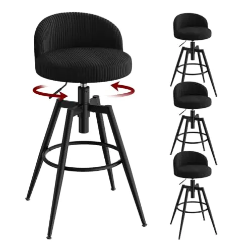 WOLTU 4xTaburetes Altos de Cocina, Giratorios y Regulables en Altura, Negro | Taburete Bar, Con Respaldo Bajo y Reposapiés, Asiento Acolchado y Tapizado en Pana, Metálica, para Cocina, Comedor y Salón