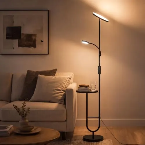 LuminexDesigns Lampara de Pie Salon con Mesita y Luz de Lectura, Negra
