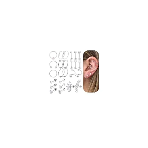 Milacolato 25 piezas Piercing Tragus Cartílago Pendiente Stud Hoop 16G 316L Acero Inoxidable Piercing Anillos Cartílago Oreja Helix Conch Piercing Joyas para Mujeres, Circonita cúbica Acero, Circonita