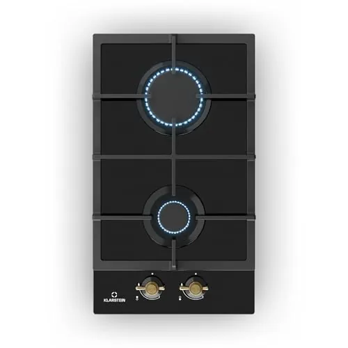 Klarstein Victoria - Placa de gas, empotrable, quemador Sabaf, gas natural/propano, válvulas de seguridad, apagado automático, soportes de hierro fundido, vitrocerámica retro, 2 fuegos, negro