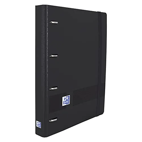 Oxford Live & Go, Archivador 4 Anillas Plástico Polyfoam con Recambio y Goma. Tamaño A4+, Pizarra Extraíble, Hoja de Pegatinas, Recambio con 5 Bandas Color y Cuadrícula 5x5, Color Negro