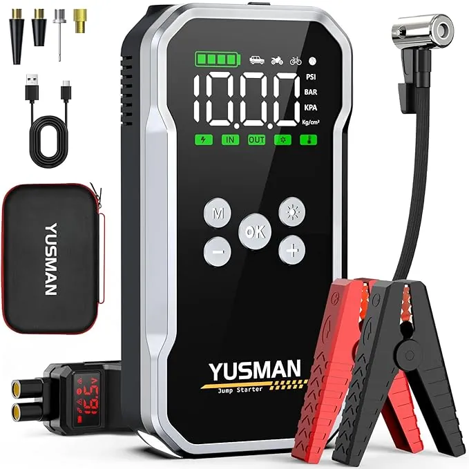 YUSMAN Arrancador de Baterias de Coche con Compresor de Aire, 12V 7000A Arrancador Coche Portatil con Inflador de 160 PSI (para 10L Gasolina o 8L Diesel), Linterna LED de Emergencia