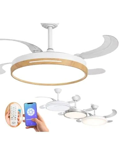 JARDIN202 - Ventilador de Techo con Aspas Retráctiles, Motor DC, Temporizador, Luz LED Regulable, Mando a Distancia, 6 Velocidades | 50 cm (Vejer Wifi Madera)