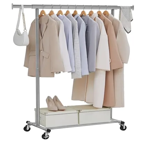 SONGMICS Burro Ropa con Ruedas, Perchero Burro Extensible con Carga Pesada, Capacidad de Carga Máx. de 100 kg, Fácil de Montar, Portátil, Gris Paloma HSR013G01