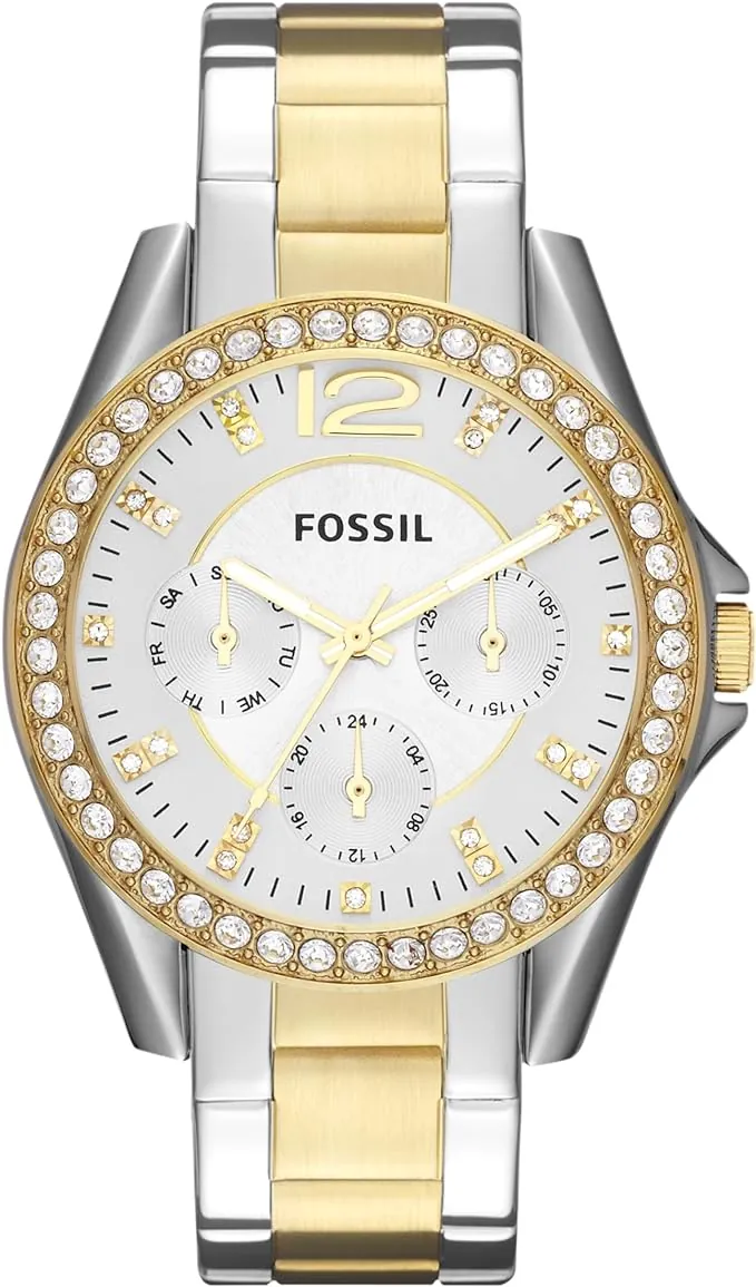 Fossil Riley Reloj para Mujer, Movimiento cronógrafo con Correa de Acero o Piel