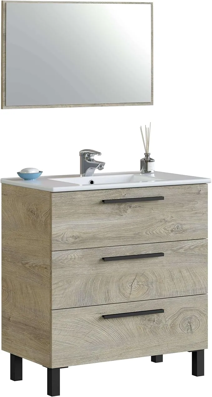 ARKITMOBEL - Mueble de Baño con 3 Cajones y Espejo, Mueble de Lavabo con Patas, Color Roble Alaska, 80x86x45 cm – Modelo Athena (Sin Lavabo)