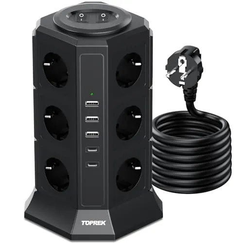 TOPREK Torre Regleta Enchufes con USB, 12 Tomas, Protección Sobretensiones