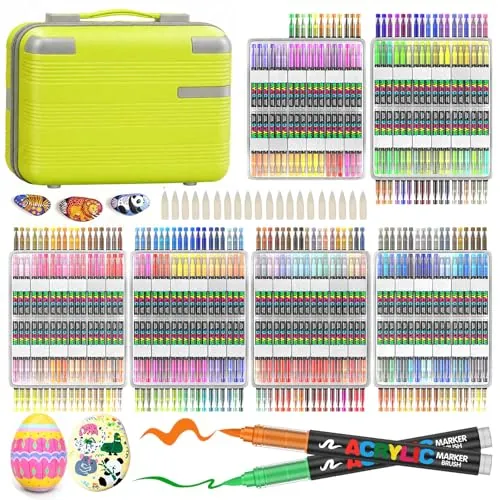 Laconile 408 Colores de Rotuladores Acrílicos con 48 Metálicos Resistente al Agua, Acrylic Markers con Punta de Pincel, Paint Markers Ideales para Pintar Piedras, Porcelana, Vidrio, Lienzo, Cerámica