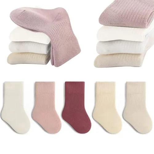 QIYIENDIAN Calcetines de algodón 5 Pares de calcetines suave elástico del bebé colores sólidos Niños Niñas（Pink,1-3Y
