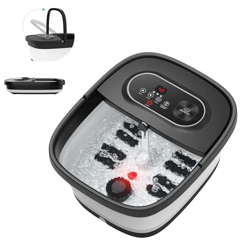 Snailax Baño de pies plegable con masaje y calefacción, baño de burbujas con ruedas Shiatsu | 14 niveles de calor | burbujas | luz roja | temporizador, bañera eléctrica 35 ℃ – 48 ℃, masajeador de pies