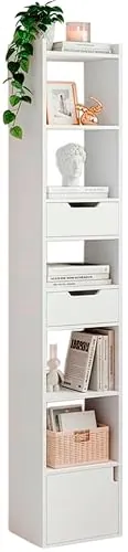 Marctani Libreria Estanteria Blanca con 6 Niveles y 3 Cajones - Estanteria Libros de Madera MDF - Libreria Estrecha y Alta con Almacenaje para Dormitorio, Salon, Baño. Book Shelf 33 x 24 x 181 cm