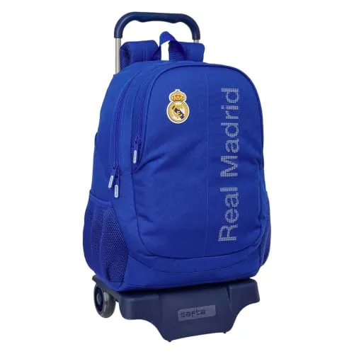 Safta | Mochila Grande con Ruedas Real Madrid Compact Evolution Extraíble, Carro 905 Integrado 85 cm Alto, 2 Compartimentos, Portabotellas, Hombreras Ergonómicas Acolchadas, Medidas 32x16x44 cm