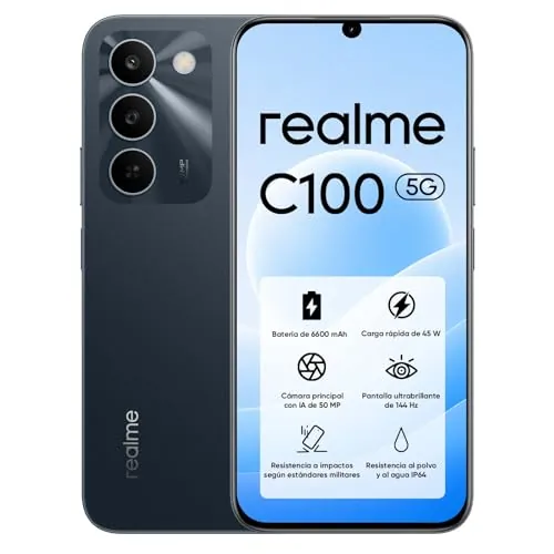 realme C100 5G Smartphone 128GB ROM, Batería Titan 6600mAh y Carga Rápida 45W, Teléfono Móvil con 144Hz Ultra Brillante, Android 16 Móviles Resistencia a Antigolpes Militar, Carga Inversa 6.5W, IP64