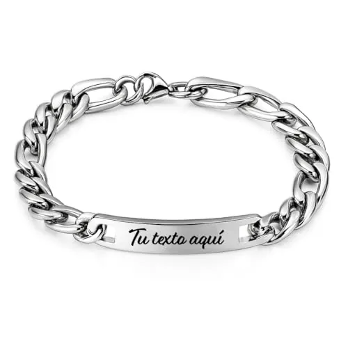 LUTTO Pulsera esclava, Pulsera personalizada, Pulsera acero inoxidable personalizable, Texto grabado, hombre y mujer para Navidad, cumpleaños, enamorados, amigo invisible. (Hombre acero 22 x 1 cm)