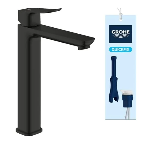 GROHE Dice Mezclador de Lavabo XL Cuerpo Liso para Lavabos Exentos (Cartucho Cerámico 28 mm, Ahorro de Agua, Conexiones 3/8", Fácil de Instalar QuickTool Incluido), Negro Mate, 1018922430