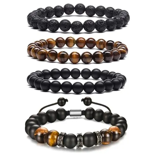 JSTHHTT Pulsera de Cuentas 6/8mm con Piedras Naturales Ojo de Tigre, Ajustable para Hombre, Regalos para Padre y Novio (4PCS)
