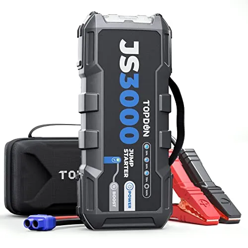 TOPDON JS3000 Arrancador de Baterias de Coche, Arrancador de Coches Portatil para Motores Diesel de hasta 9L de gas/7L, Jump Starter Booster Baterias con Cable de Arranque, Estuche EVA, 24000mAh