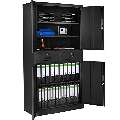 tectake® Armario Archivador Oficina en Acero, Armario Exterior e Interior con Candado Seguridad, Armario Multiusos con 5 Alturas, 4 Puertas, 2 Cajones, 3 Estantes Ajustables, 180x90x40 cm - Negro