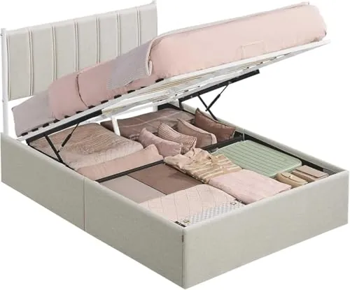 VASAGLE Estructura de Cama Elevable con Almacenaje, Beige, 160 x 200 cm