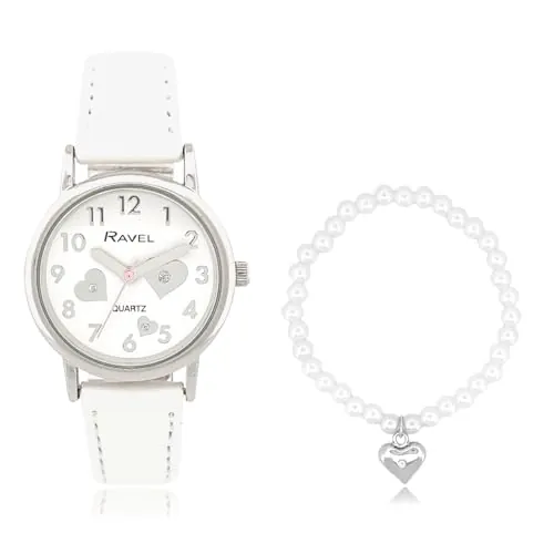 Ravel - Conjunto de Reloj y Pulsera de Cuentas Expandibles Little Gems para Niñas con Dije de Corazón - Cuarzo Analógico - R2242 - Bianco