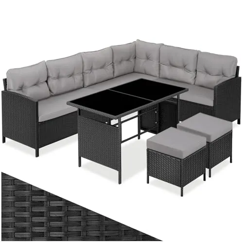 tectake® Conjunto Jardín de Ratán Mesa y Cojines, Conjunto Terraza Resistente a la Intemperie, Muebles Jardín Exterior 5 Piezas, Sofá de Esquina, 2 Taburetes y 1 Mesa - Negro/Gris