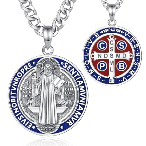 AEONSLOVE Medalla San Benito Plata de Ley 925 para Hombre Mujer Collar Cruz de San Benito Plata Colgante San Benito Hombre Joyas Religioso Regalo Católico Cadena San Benito (Azul)