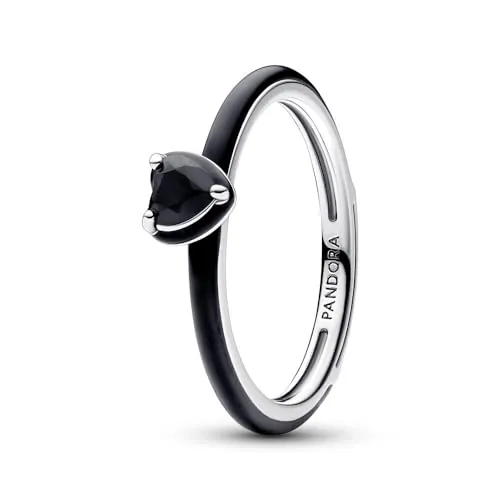 PANDORA ME Anillo con corazón en plata de ley con cristal negro y esmalte negro, talla 64