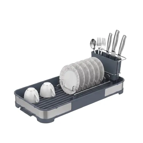 Amig - Escurreplatos pequeño Siba - 44,5 x 20,6 x 13 cm - Acero Inoxidable y Polipropileno - Color Gris - Escurridor con Bandeja y Soporte para Cubiertos - Capacidad 7 Platos y 4 Vasos