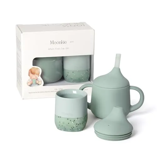 Moonkie Vaso Aprendizaje Bebe, Juego de Taza Silicona 60 ml & Vaso Antiderrame de 3 Etapas 120 ml, Vaso Agua Bebe 4 Meses +, sin BPA, 6~12 Meses, Apto para Lavavajillas(Juego de Menta)