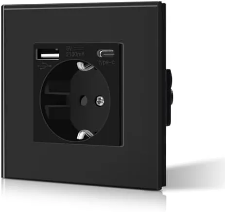 BSEED Enchufe de Pared con USB C,Enchufe Estándar Schuko con Cristal,3 EN 1,Seguridad infantil,Fácil de Instalar,M Serie,1 Enchufe con USB y Tipo C,86mm Negro
