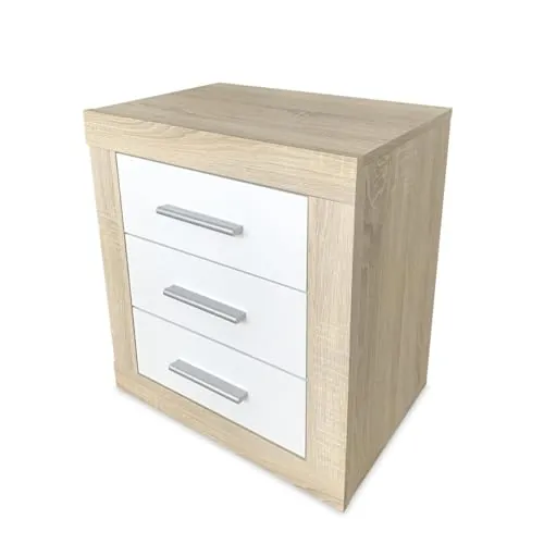 mattfy - Mesita de Noche Estilo Nórdico Modelo Victoria con 3 cajones | Diseño Práctico y Elegante | Colores Cambria y Blanco