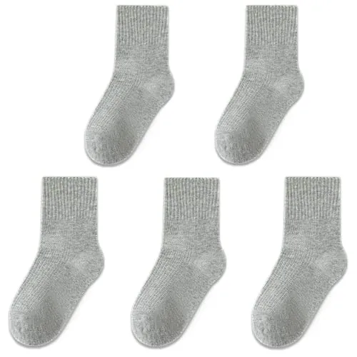 QIYIENDIAN 5 pares de calcetines cálidos para niños de 1 a 10 años con dibujos animados y colores sólidos （5-7 años，2F-Gris）