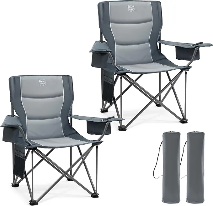 TIMBER RIDGE 2Pcs Silla Camping Plegable 200kg Acolchada Ancho Asiento 63cm con Portavasos Bolsa Térmica para Playa Jardín Pesca Balcón Acampar