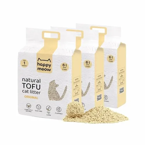 HAPPY MEOW Arena de Tofu para Gatos (18L/7,5Kg) - Natural y Biodegradable - Aglomerante Instantáneo, Bajo en Polvo, Control de Olores Duradero, Ultra Absorbente, Desechable en el Inodoro (Vainilla)