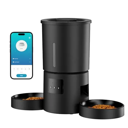 Comedero Gato Automático Doble & App: Dispensador Automático de 5L con WiFi 2.4G y Temporizador para Comida Seca - Diseño de Comedero Doble AONBOY para Múltiples Gatos y Perros - Negro