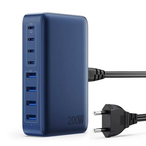 200W Cargador USB C Multiple, GAN III 8-Port USB C Cargador Portátil PD QC PPS Carga Rápida, 65W Portátil Adaptador Cargador Compatible con MacBook Air/Pro, iPhone, iPad Pro, Samsung Galaxy-Azul