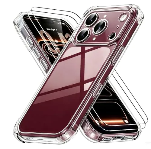 Funda para iPhone 18 Pro Max / iPhone 17 Pro Max con 2 Piezas Cristal Templado, Funda con Protección de Cámara, Silicona Suave TPU Anti-Choques, Parachoques con Esquinas Reforzadas, Transparente