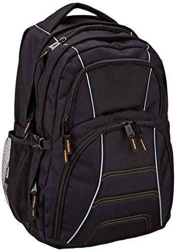 Amazon Basics Mochila, compatible con la mayoría de los ordenadores portátiles de 43.2cm, con tirantes acolchados y compartimentos de almacenamiento para bolígrafos, llaves y teléfono móvil, Negro