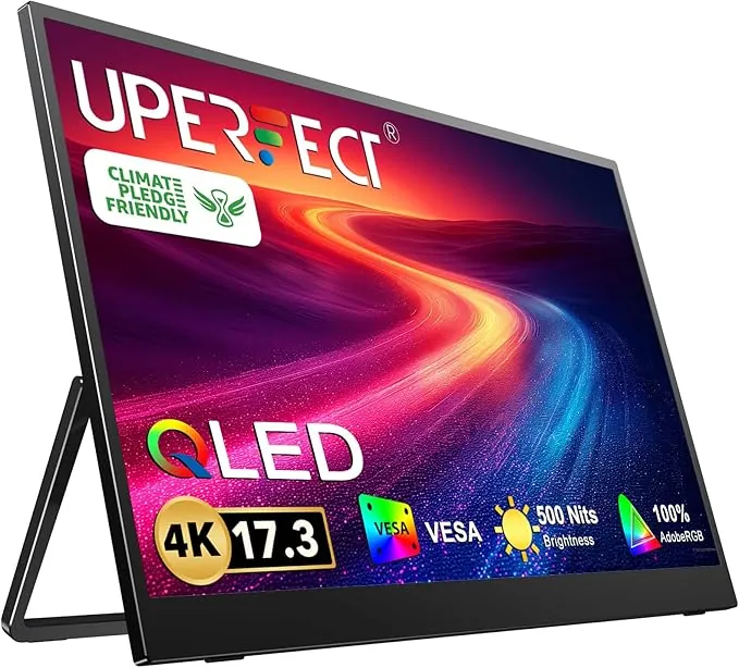 UPERFECT 17.3 Pulgadas 4K QLED Monitor Portátil 100% AdobeRGB 1500:1 500 Nits 3840*2160 Mate Eye-Care Pantalla con Mini HDMI USB C Soporte Integrado para Laptop Macboo Xbo PS4/5, Compatible con VESA