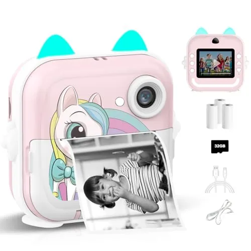 Cámara Digital para Niños, 1080P 2,4" HD Camara Fotos Infantil con Tarjeta de 32GB y Papel de Impresión, Selfie Video Cámara Instantánea para Niños de 6 años y más,Regalo Juguete