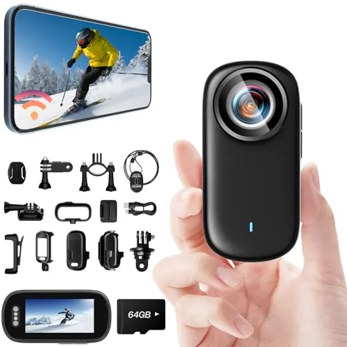 SecuraLen Mini Camara Deportiva 4K UHD WiFi con Pantalla 64GB, 150° Gran Angular & IP65 Impermeable Action CAM WiFi, Anti-Vibración Portátil Camara Moto Ideal para Deportes Actividades al Aire Libre