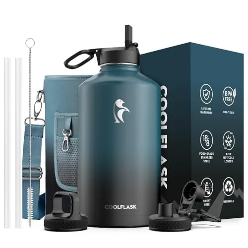 Coolflask - Botella térmica aislada, de doble vacío, a prueba de fugas, fácil de limpiar, con pajita, 3 tapas, termo de acero inoxidable para deportes y oficina, 3785 ml, color negro añil