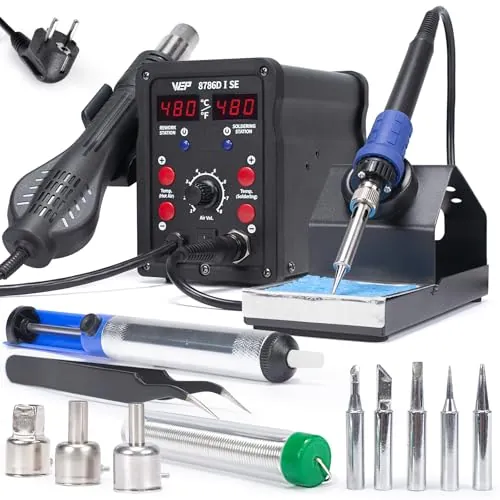 WEP 8786D-I SE Kit estación de soldadura con aire caliente 2-en-1para reparación desoldado con hilo de soldadura sin plomo 5 puntas de soldadura 3 boquillas de aire caliente bomba desoldadora(EU Plug)